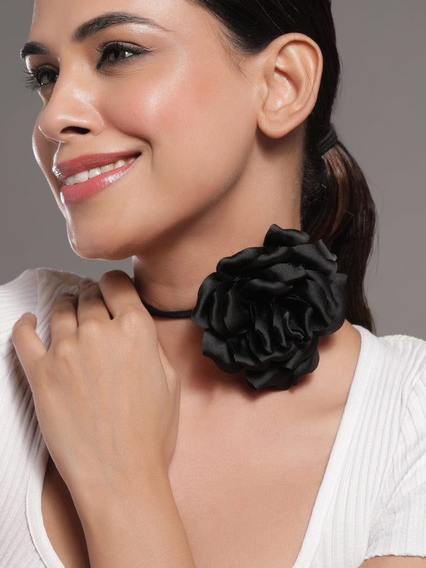 Rubans Elegant Black Satin Rose Choker Necklace - Bold Statement Piece for Every Look Necklace & Chains