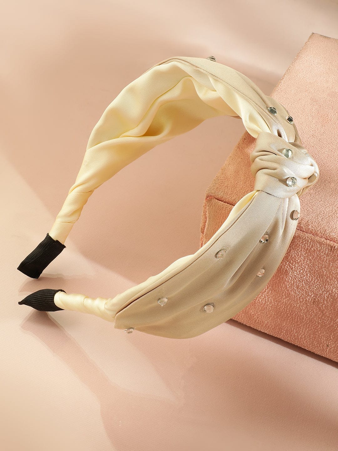 Rubans Elegant Cream Satin Knot Headband with Crystal Embellishments for Chic Look Hair Accessory