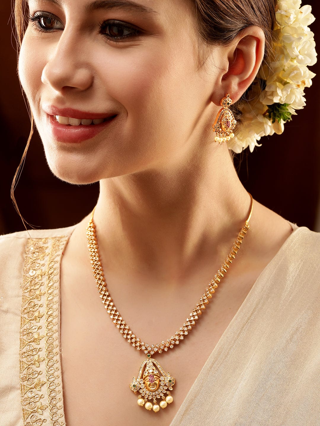 Rubans Elegant Golden AD Necklace Set Jewellery Sets