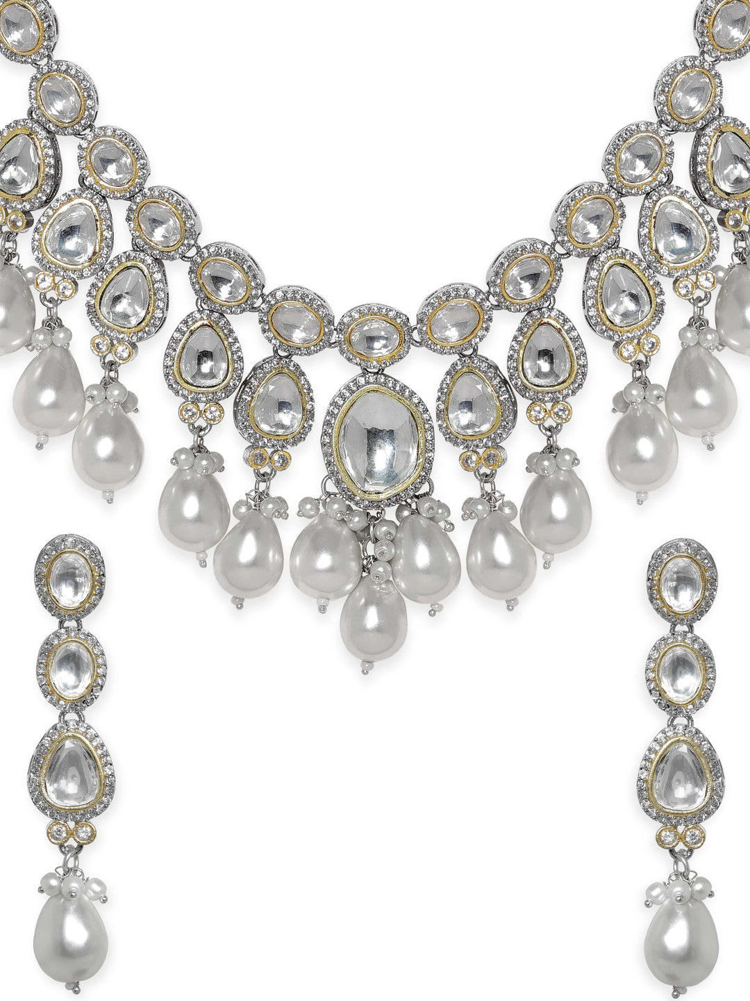 Rubans Elegant Pearl & Kudan Stone Wedding Necklace Set Jewellery Sets