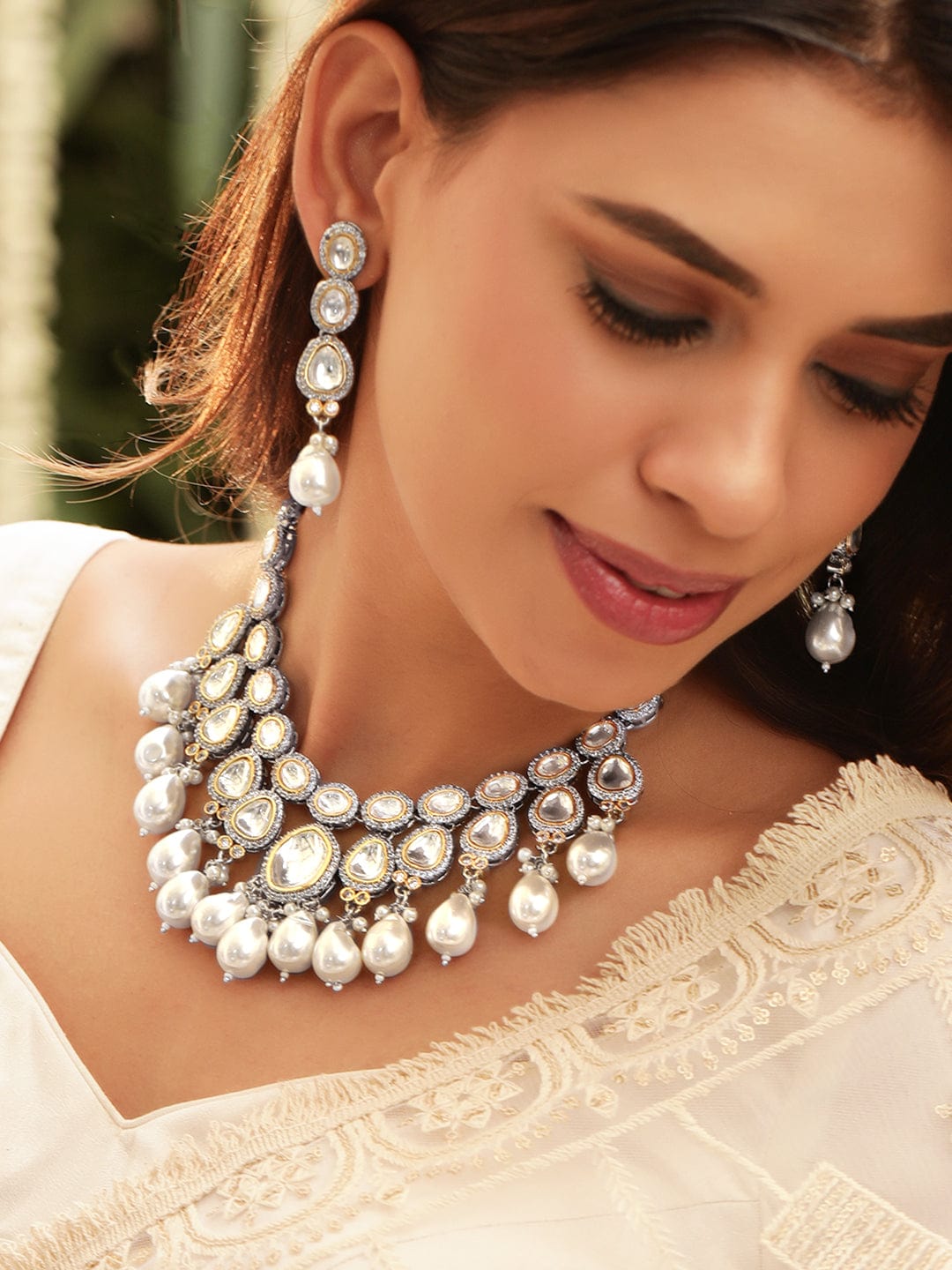 Rubans Elegant Pearl & Kudan Stone Wedding Necklace Set Jewellery Sets