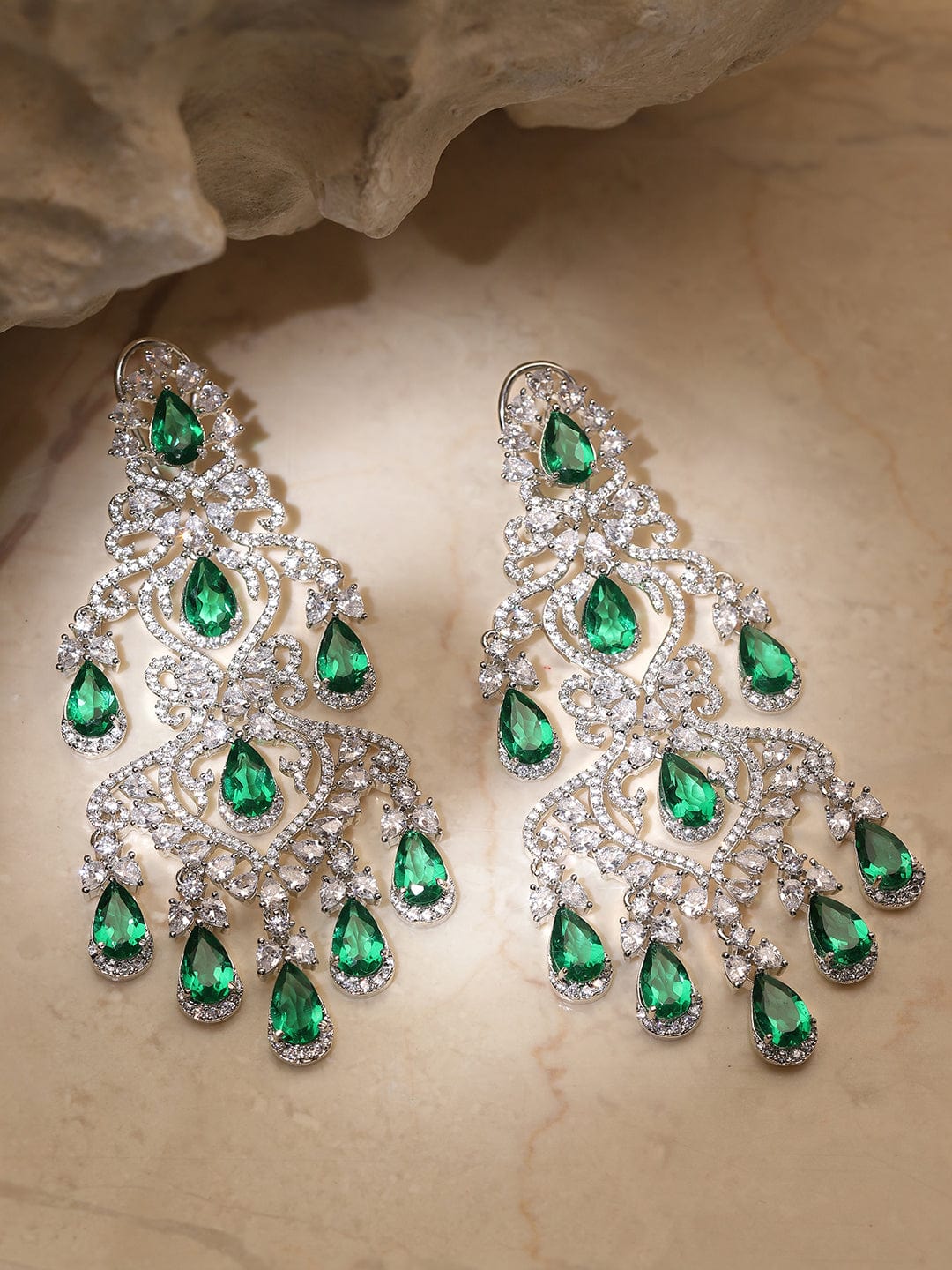 Rubans Emerald Elegance Green and Silver AD Earring Earrings