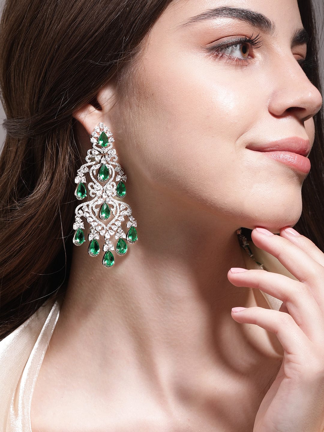 Rubans Emerald Elegance Green and Silver AD Earring Earrings