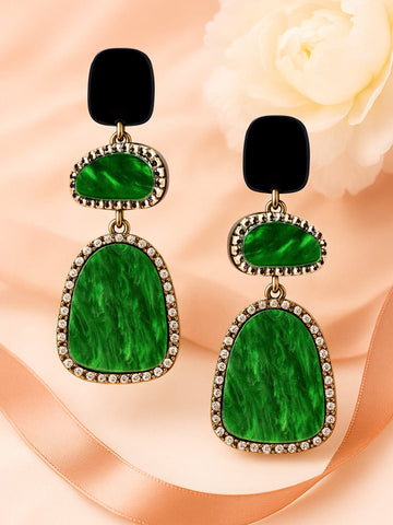 Rubans Emerald Green Crystal Marble Stone & Black Studded Long Statement Dangle Drop Earrings Drop Earrings