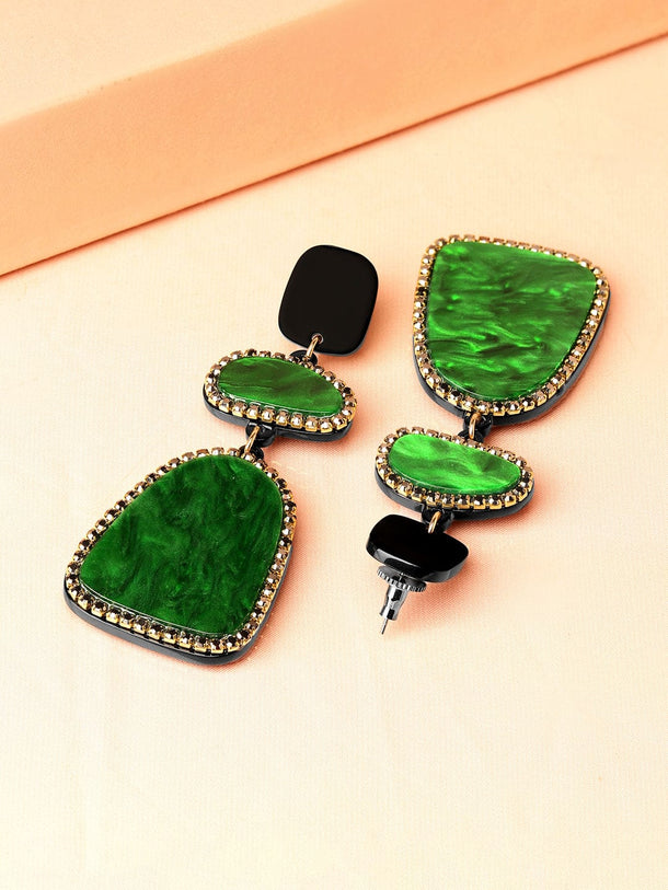Rubans Emerald Green Crystal Marble Stone & Black Studded Long Statement Dangle Drop Earrings Earrings