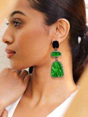 Rubans Emerald Green Crystal Marble Stone & Black Studded Long Statement Dangle Drop Earrings Earrings