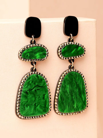 Rubans Emerald Green Crystal Marble Stone & Black Studded Long Statement Dangle Drop Earrings Earrings