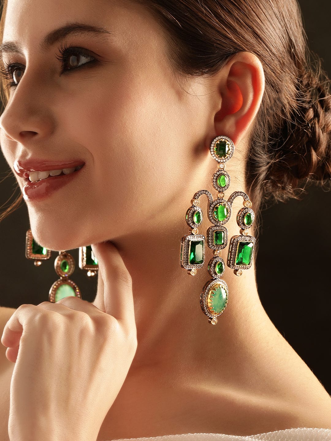 Rubans Enchanted Emerald Cascade: Green Stone Long AD Drop Earrings Earrings