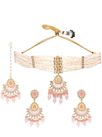 Rubans Enchanting Blush Pink Enamel Kundan Beaded Necklace Set Jewellery Sets