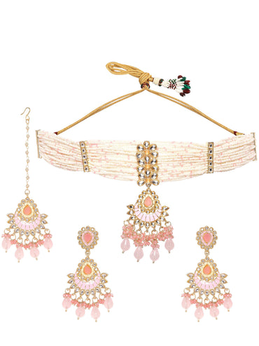 Rubans Enchanting Blush Pink Enamel Kundan Beaded Necklace Set Jewellery Sets