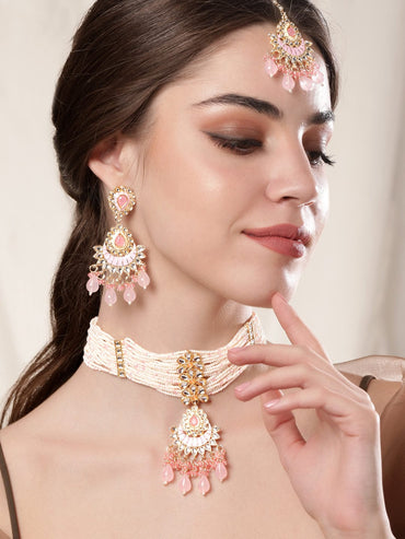 Rubans Enchanting Blush Pink Enamel Kundan Beaded Necklace Set Jewellery Sets
