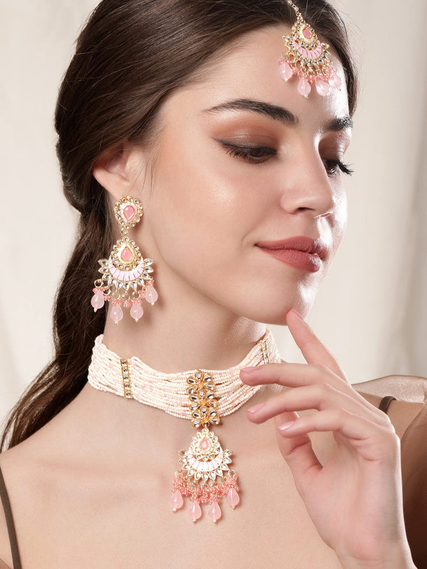 Rubans Enchanting Blush Pink Enamel Kundan Beaded Necklace Set Jewellery Sets