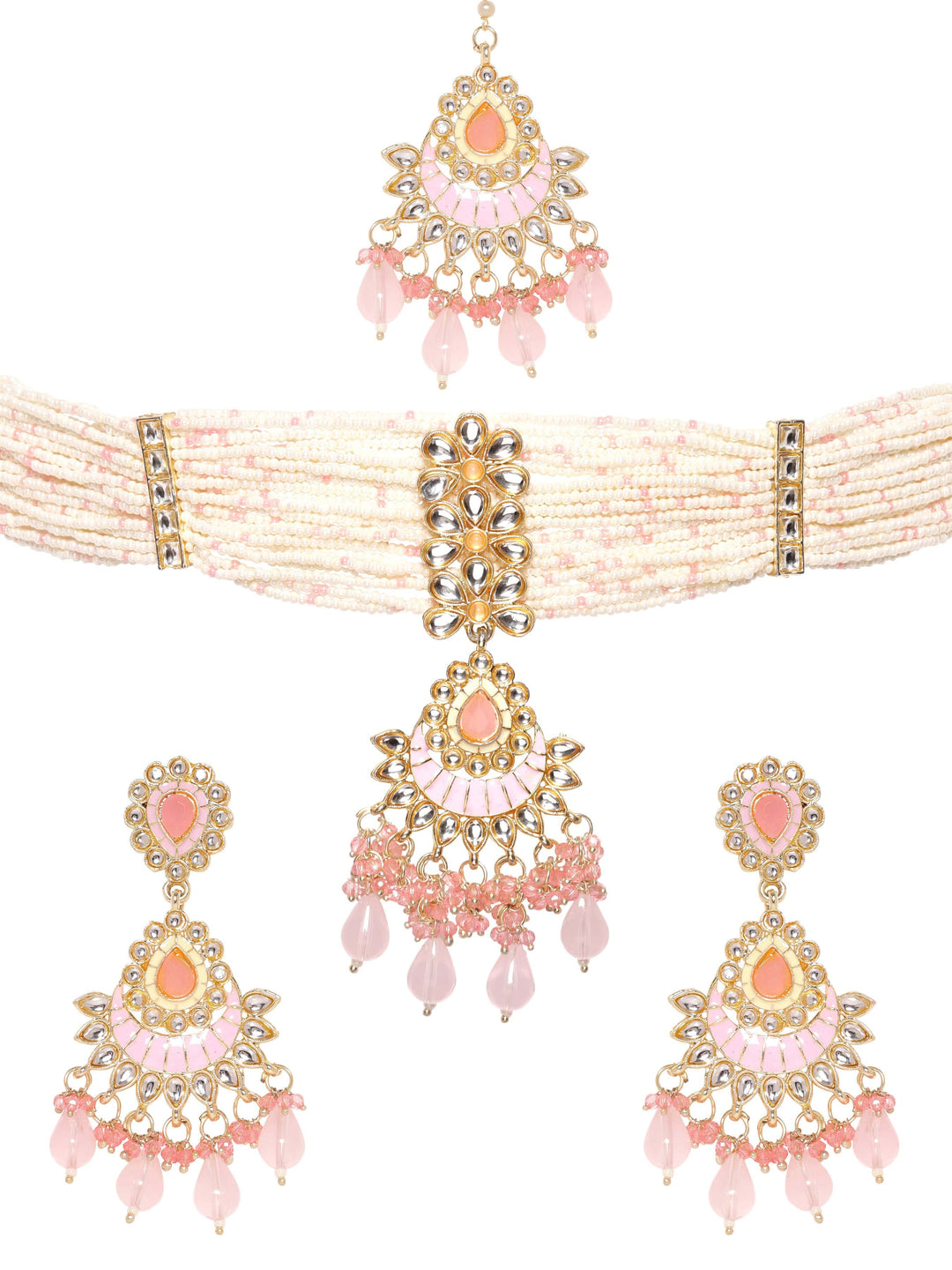 Rubans Enchanting Blush Pink Enamel Kundan Beaded Necklace Set Jewellery Sets