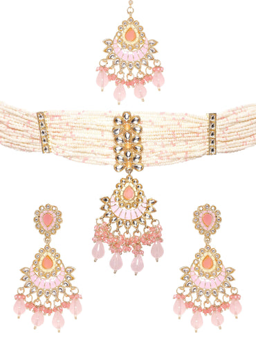 Rubans Enchanting Blush Pink Enamel Kundan Beaded Necklace Set Jewellery Sets