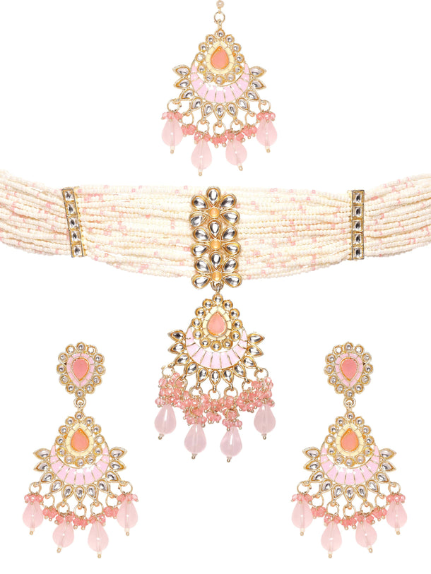 Rubans Enchanting Blush Pink Enamel Kundan Beaded Necklace Set Jewellery Sets