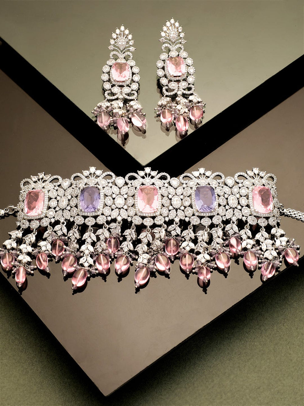 Rubans Enchanting Harmony Pink & Purple AD Choker Set Jewellery Sets