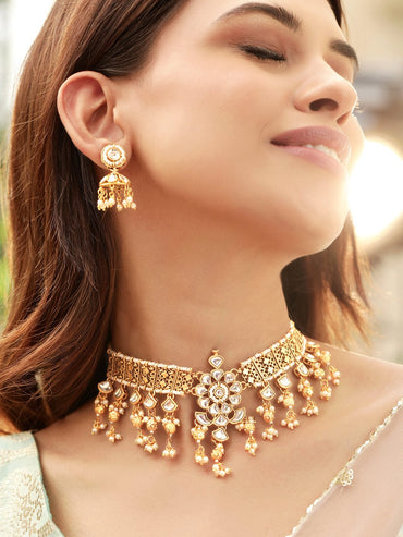 Rubans Enchanting Radiance 22K Gold Plated Kundan and Pearl beaded Choker jewelry Set Jewellery Sets