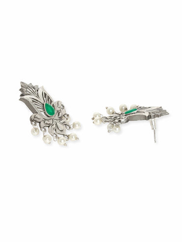 Rubans Enchanting Silver & Green Stone Oxidized Stud Earrings Earrings
