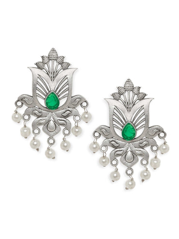 Rubans Enchanting Silver & Green Stone Oxidized Stud Earrings Earrings