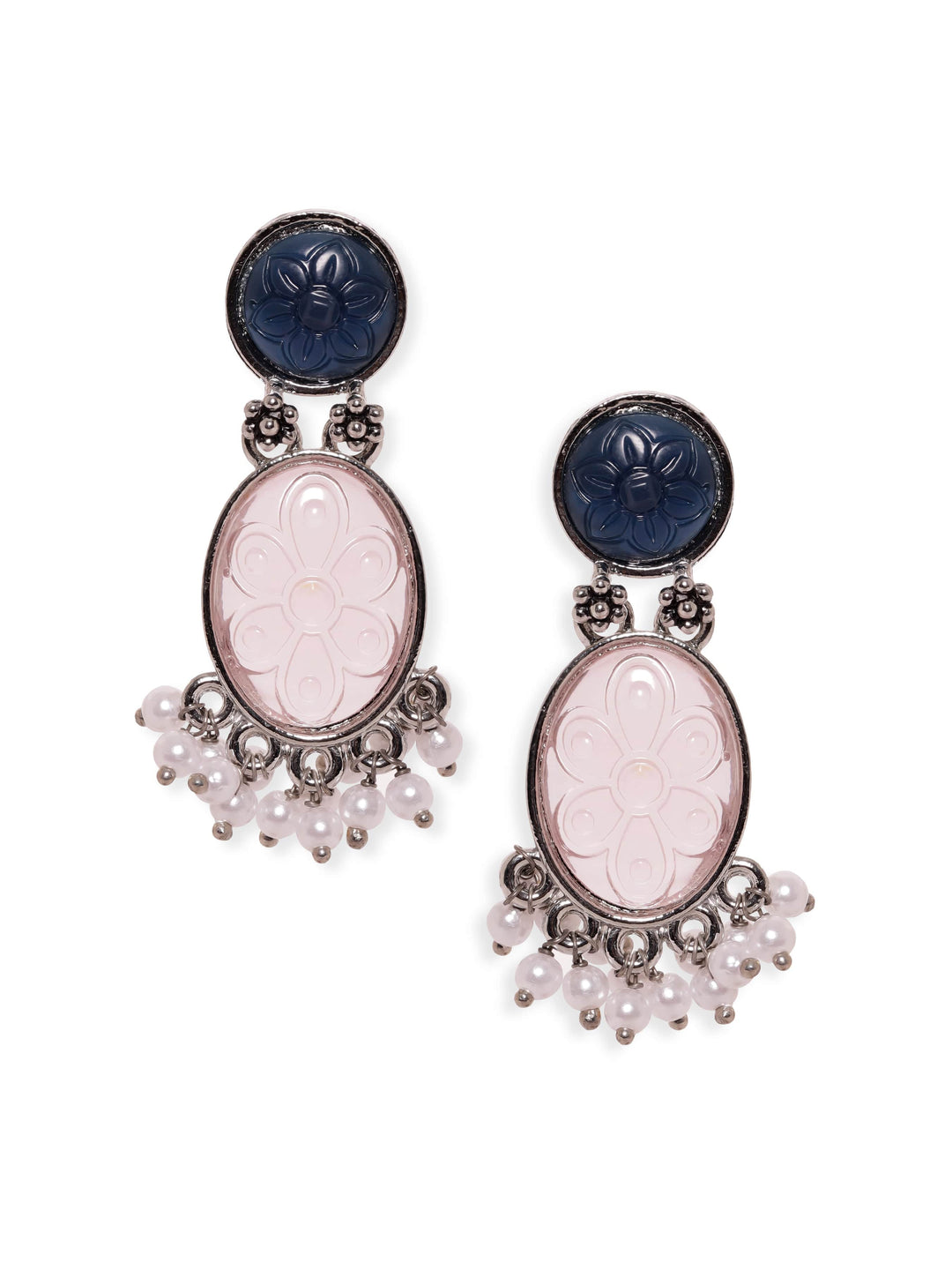 Rubans Engraved Gemstone & Pearl Elegance Oxidised Silver Plated Drop Earrings Earrings