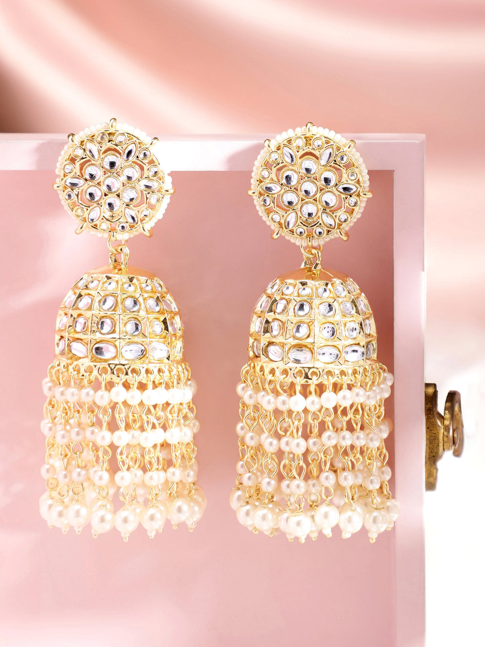 Rubans Eternal Elegance 22K Gold Plated Kundan Studded Pearl Beaded Jhumka Earrings Earrings