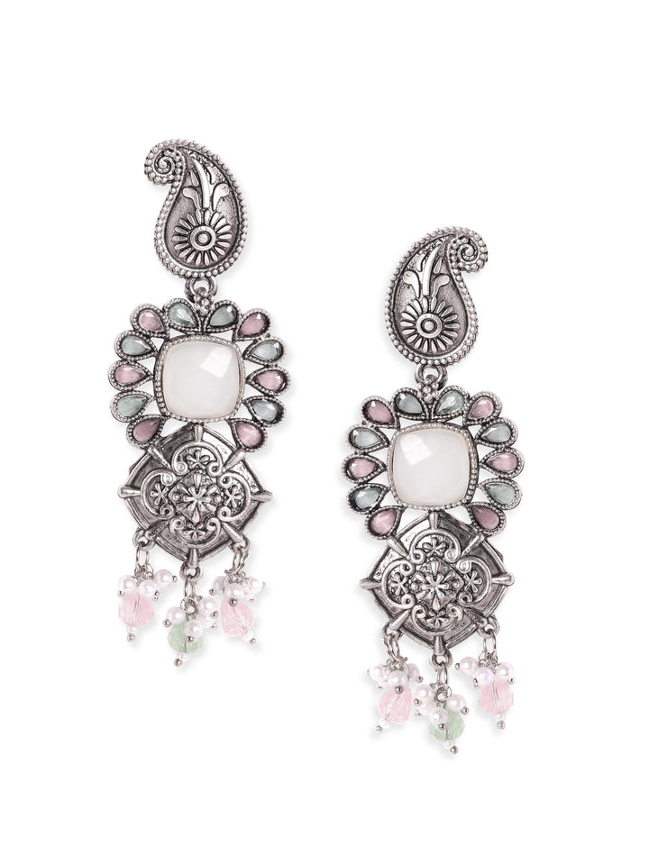 Rubans Eternal Elegance Oxidized Silver-Plated Beaded Drop Earrings Earrings