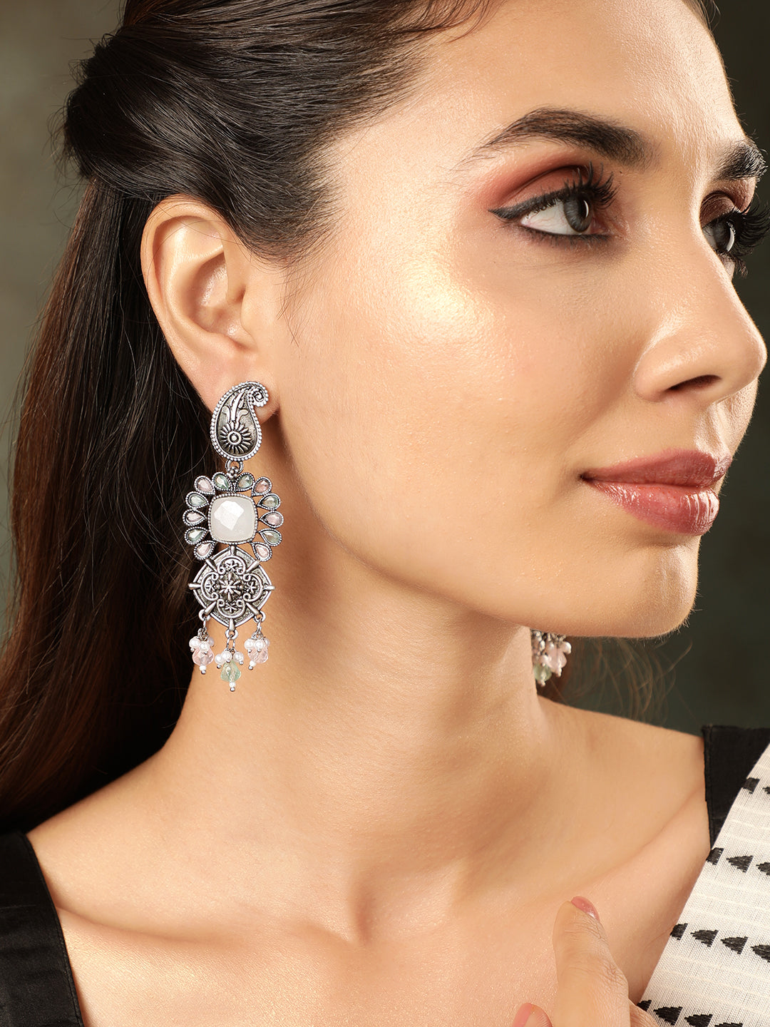 Rubans Eternal Elegance Oxidized Silver-Plated Beaded Drop Earrings Earrings