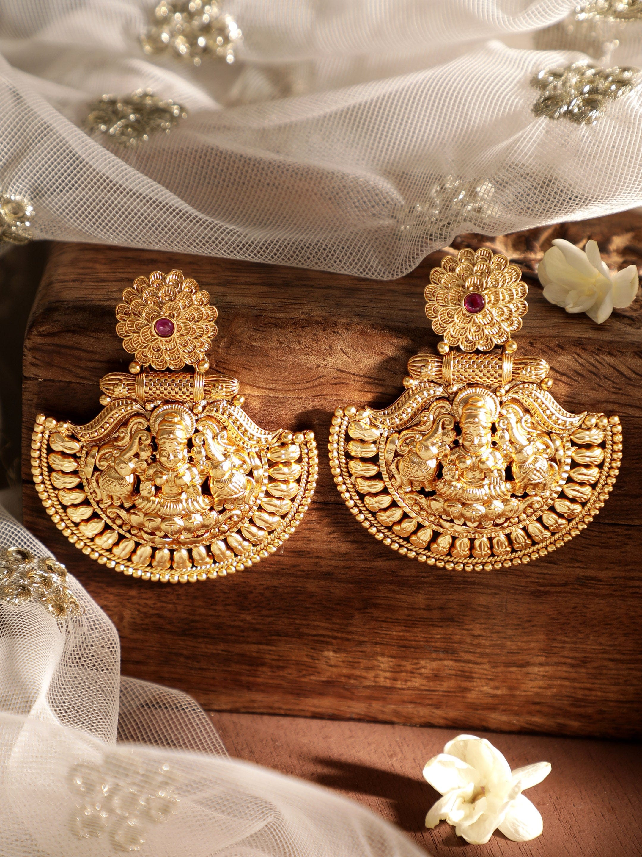 Graceful Laxmi God Temple Jewellery Traditional Pendant Earrings Gold Design  PS25011