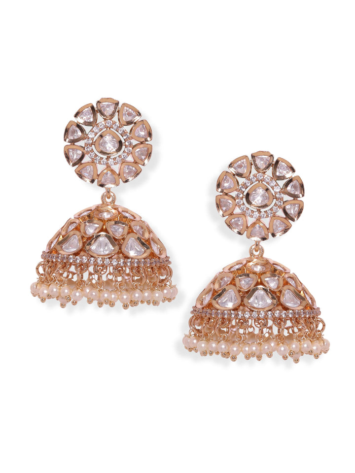 Rubans Ethereal Elegance White Beaded jhumka Earrings with Polki and Zircons Earrings