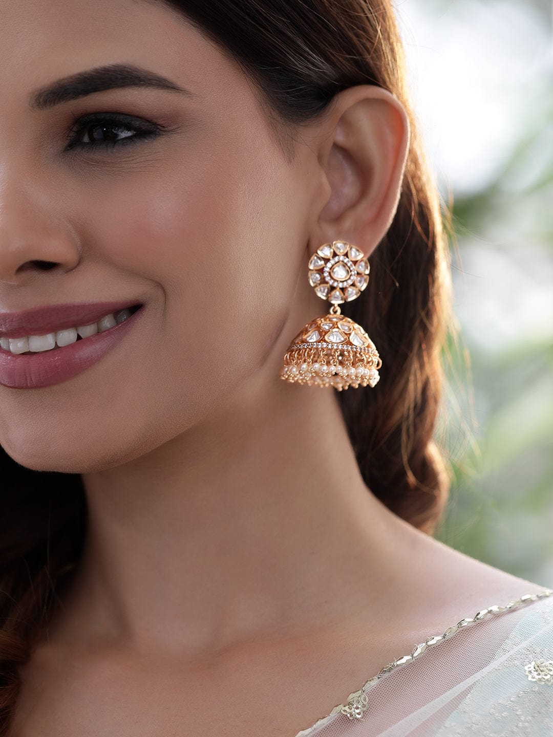 Rubans Ethereal Elegance White Beaded jhumka Earrings with Polki and Zircons Earrings