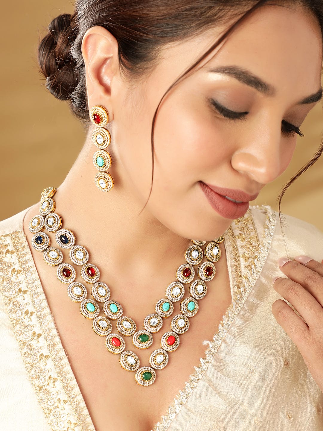 Rubans Ethereal Layers: Reverse AD & Kudan Stone Layered Necklace Set Necklaces, Necklace Sets, Chains & Mangalsutra