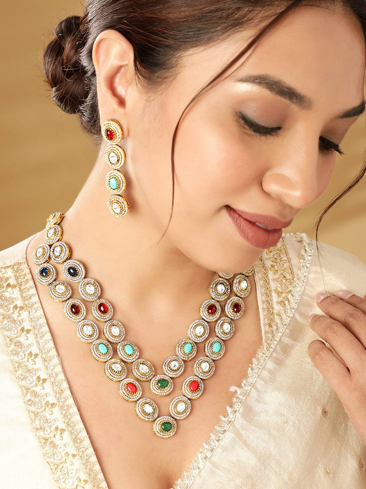 Rubans Ethereal Layers: Reverse AD & Kudan Stone Layered Necklace Set Necklaces, Necklace Sets, Chains & Mangalsutra