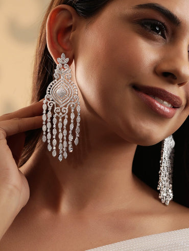 Rubans Ethereal Sparkle Rhodium Plated Zirconia Studded Chandelier Earrings Earrings