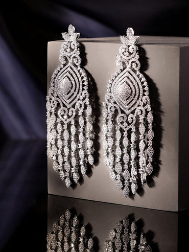 Rubans Ethereal Sparkle Rhodium Plated Zirconia Studded Chandelier Earrings Earrings