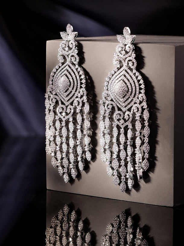 Rubans Ethereal Sparkle Rhodium Plated Zirconia Studded Chandelier Earrings Earrings