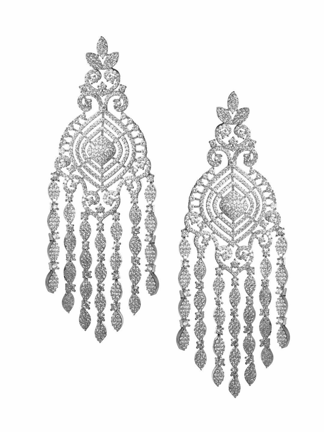Rubans Ethereal Sparkle Rhodium Plated Zirconia Studded Chandelier Earrings Earrings