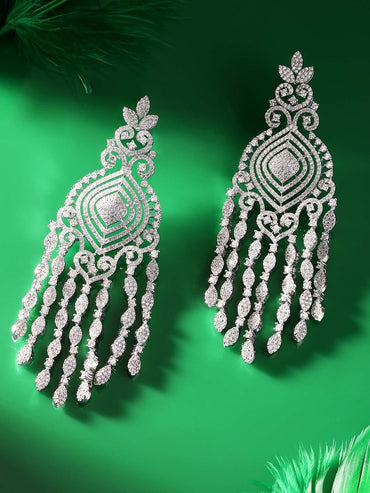 Rubans Ethereal Sparkle Rhodium Plated Zirconia Studded Chandelier Earrings Earrings
