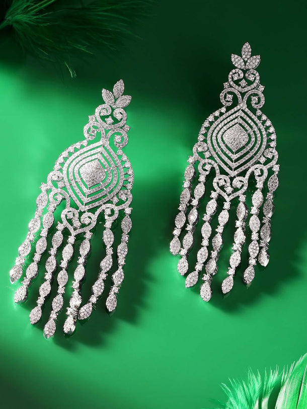 Rubans Ethereal Sparkle Rhodium Plated Zirconia Studded Chandelier Earrings Earrings
