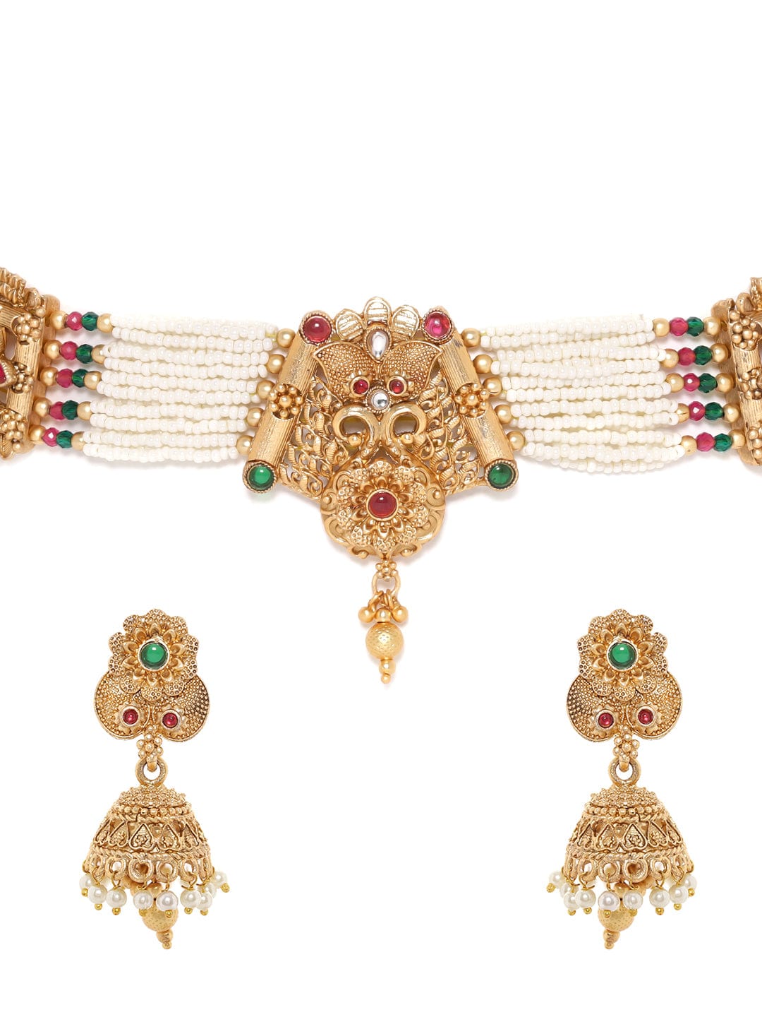 Rubans Ethereal White Beaded Choker Set with a Touch of Gold Jewellery Sets