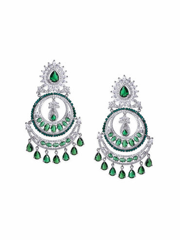 Rubans Exquisite Elegance Rhodium Plated Zirconia and Emerald studded Chandbali Earrings Earrings