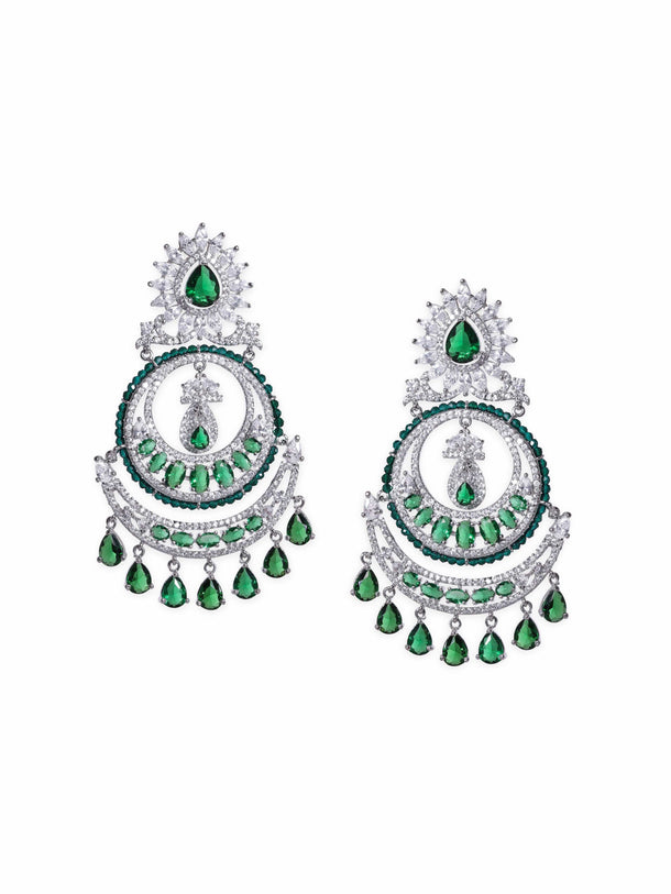 Rubans Exquisite Elegance Rhodium Plated Zirconia and Emerald studded Chandbali Earrings Earrings