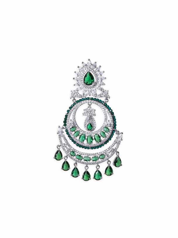Rubans Exquisite Elegance Rhodium Plated Zirconia and Emerald studded Chandbali Earrings Earrings