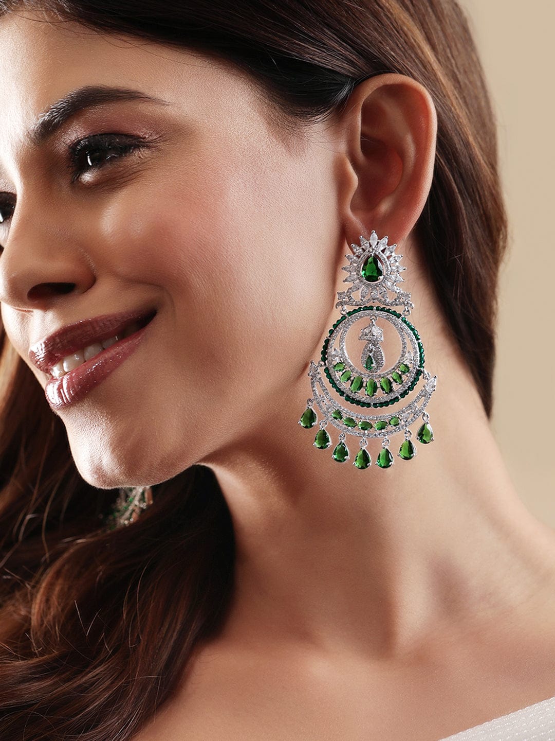 Rubans Exquisite Elegance Rhodium Plated Zirconia and Emerald studded Chandbali Earrings Earrings
