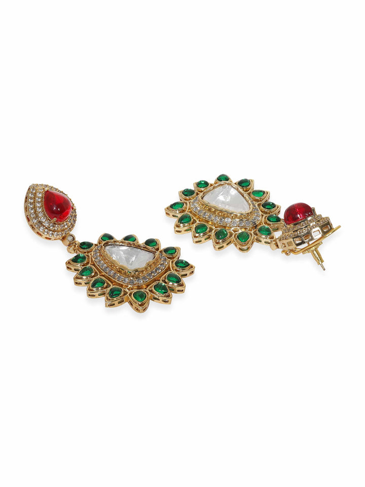 Rubans Exquisite Gold Tone Multicolor Kundan and AD Dangle Earrings Earrings