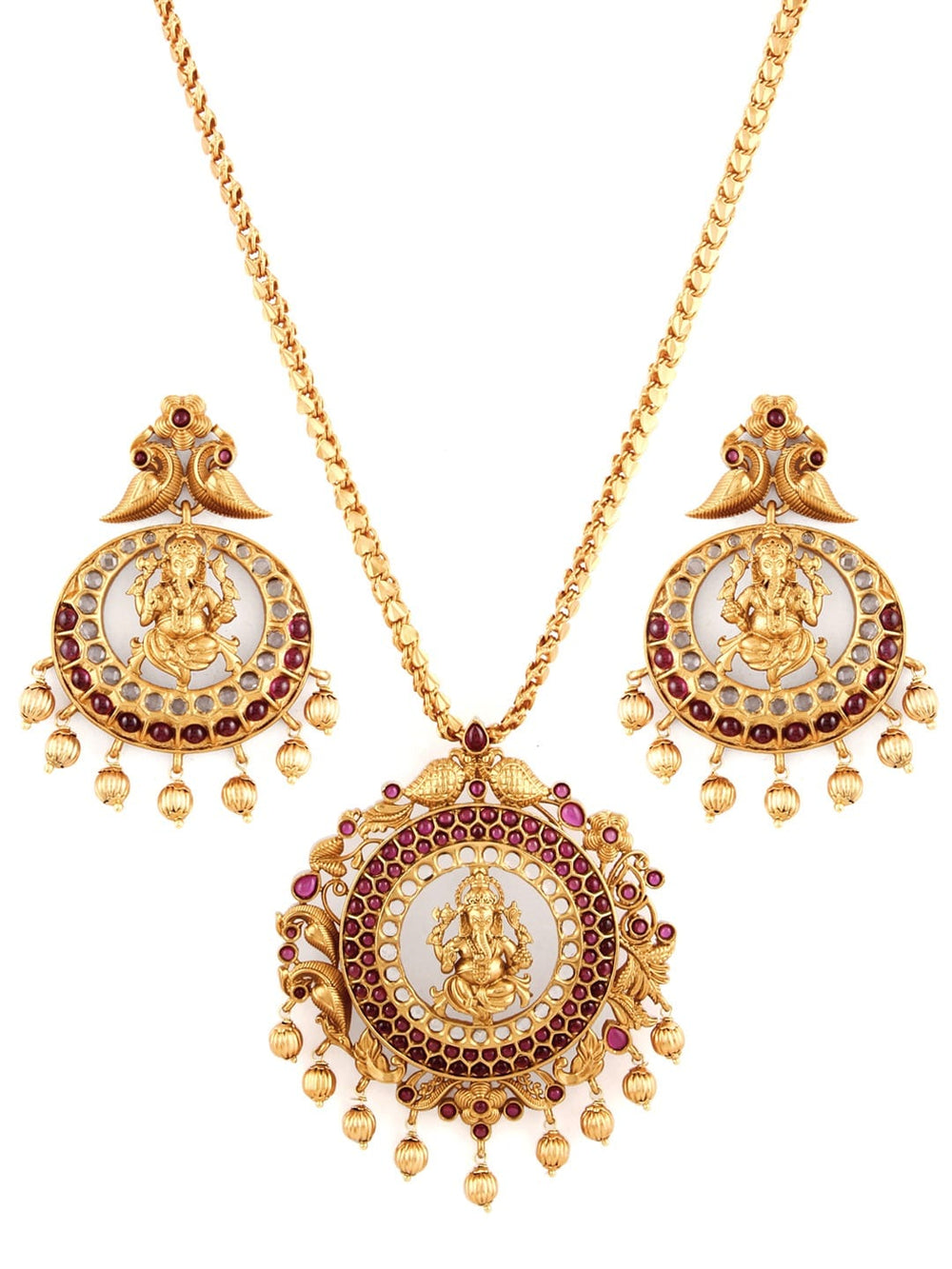 Rubans Finely Handcrafted Gold Plated And Ruby Studded Ganesha Pendant Set Necklace Set