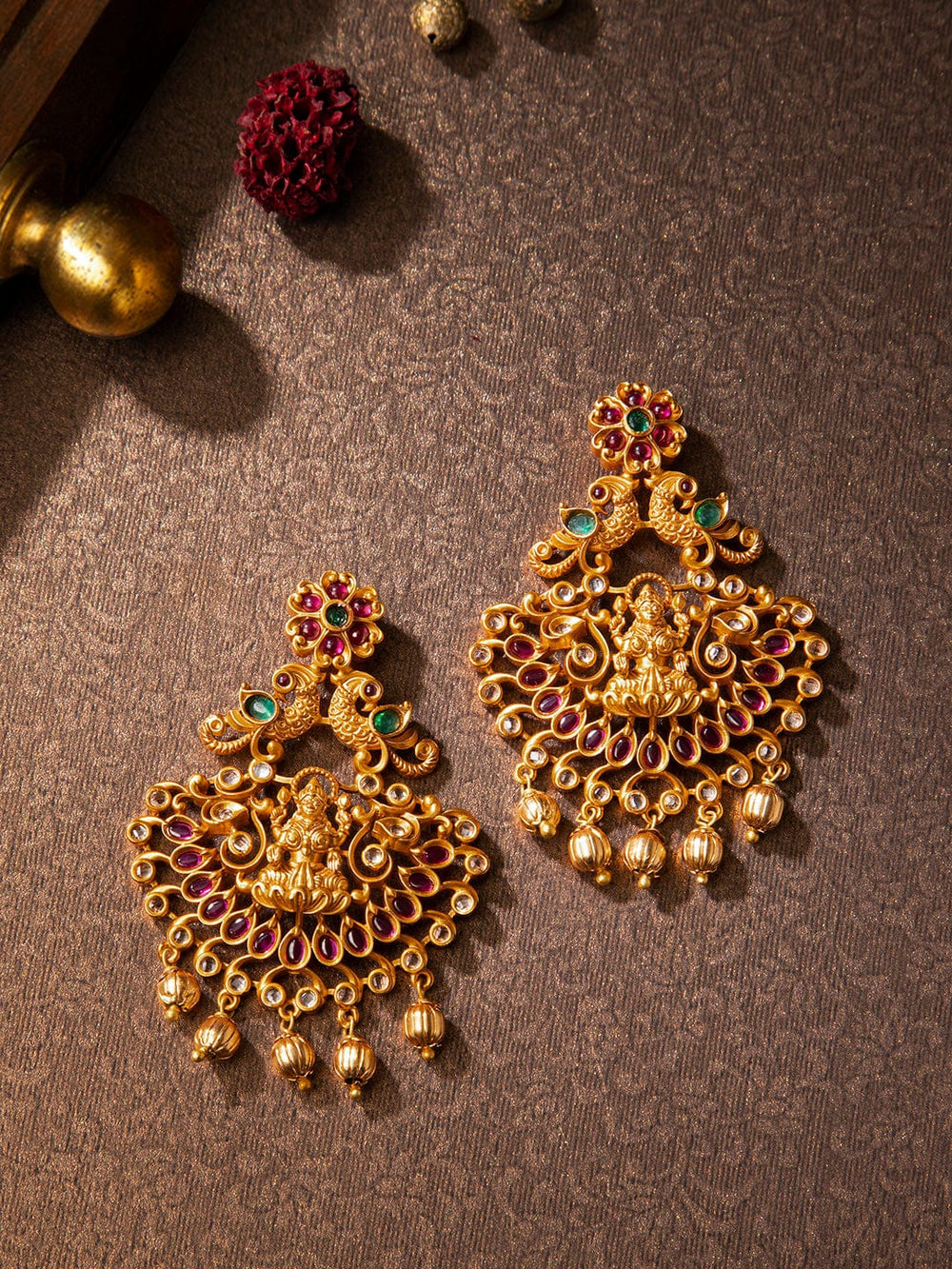 Rubans Finely Handcrafted Gold Plated CZ And Ruby Studded Chandbali Earrings Earrings