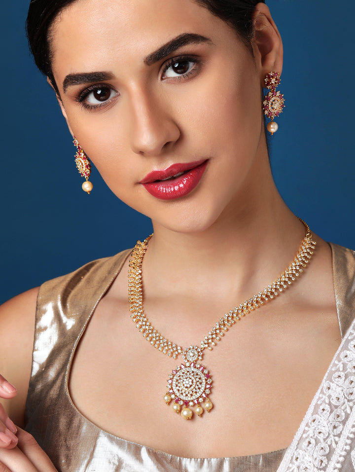 Rubans Finely Handcrafted Gold Plated CZ And Ruby Studded Necklace Set Necklace Set