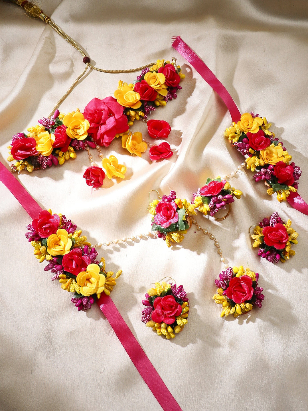 Rubans Floral Jewellery Set In Pink And Yellow Flowers For Haldi Earrings