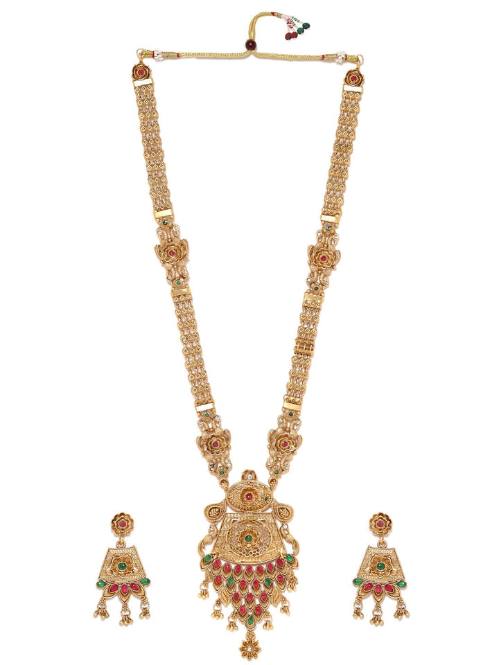 Rubans Gilded Delight with Red and Green Stones in Long Necklace Set Jewellery Sets