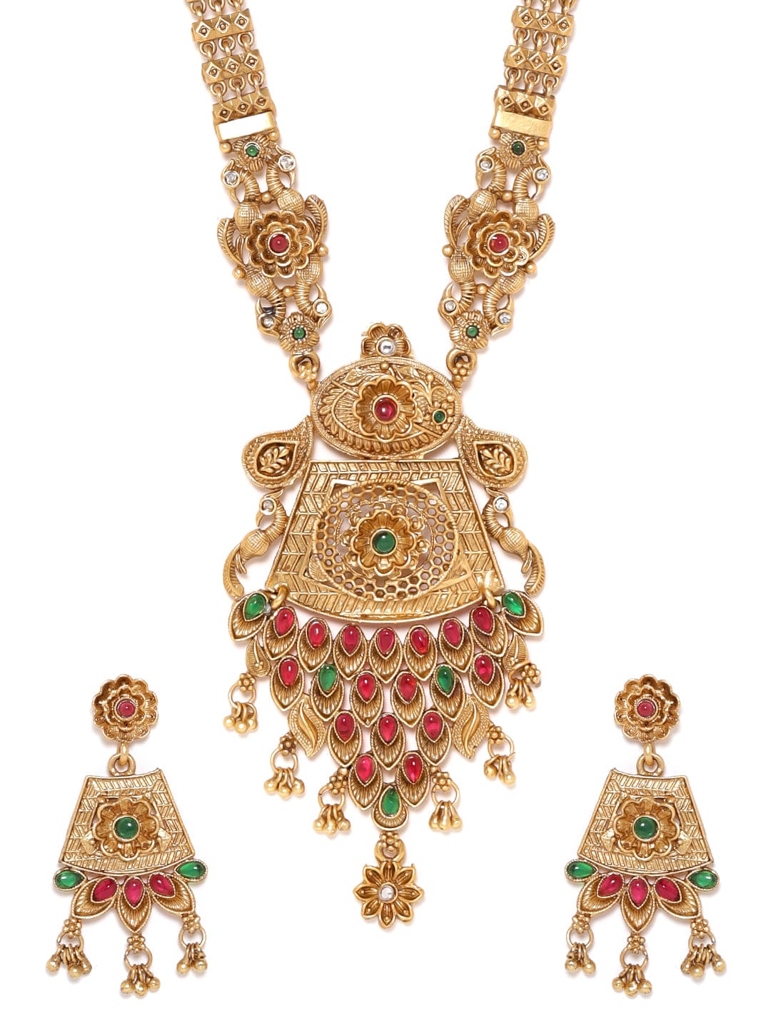 Rubans Gilded Delight with Red and Green Stones in Long Necklace Set